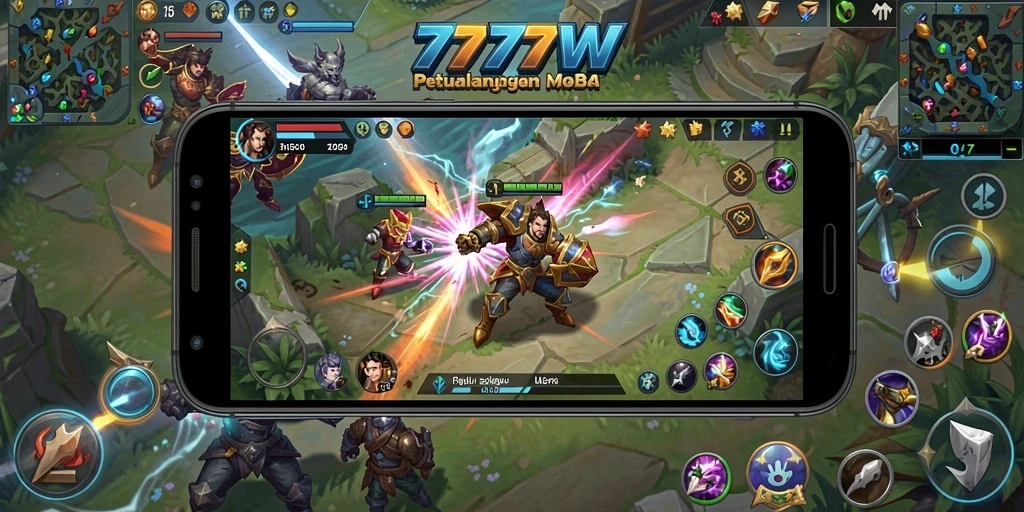 Screenshot gameplay MOBA yang epik dan mendebarkan.