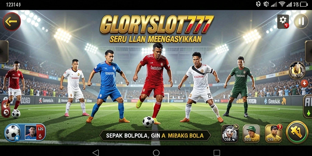 Tampilan gameplay GLORYSLOT777 menampilkan aksi menegangkan sepak bola.