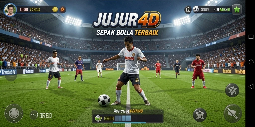Tampilan gameplay JUJUR4D yang mendebarkan dalam aksi sepak bola.