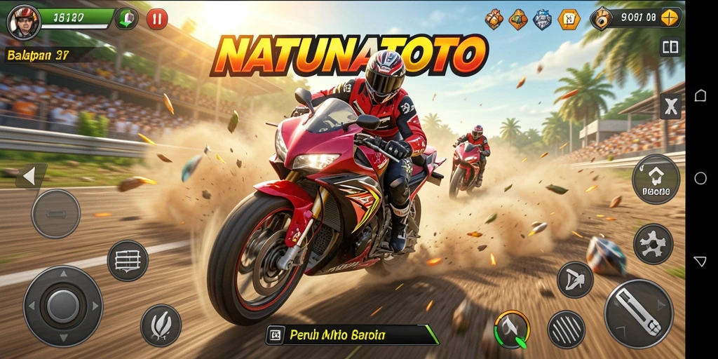 Tangkapan layar gameplay dari NATUNATOTO menunjukkan balapan motor yang seru.