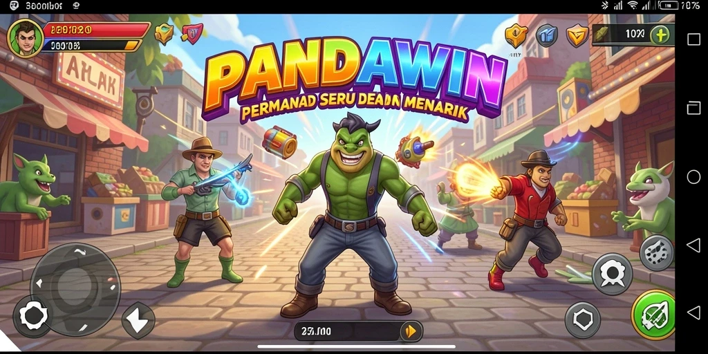 Screenshot gameplay PANDAWIN menampilkan karakter melawan berbagai rintangan.