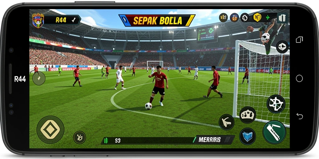 Screenshot utama RR44 menampilkan aksi seru di lapangan sepak bola.