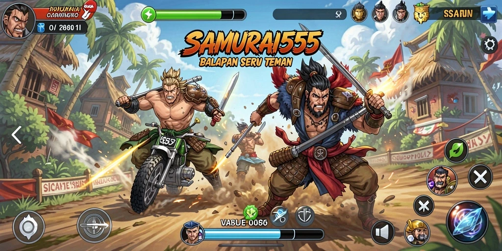 Screenshot utama SAMURAI555 menampilkan momen balapan seru di lintasan.