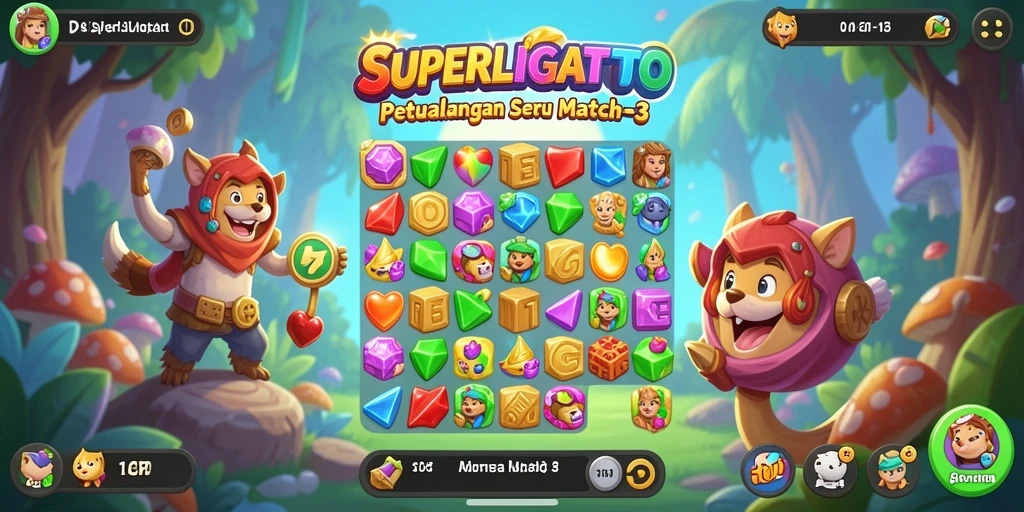 Tampilan permainan <strong>SUPERLIGATOTO</strong> yang penuh warna dan menarik dalam gameplay Match-3.