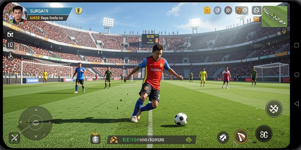 Tampilan gameplay menegangkan dalam SURGA19 dengan aksi sepak bola nyata.