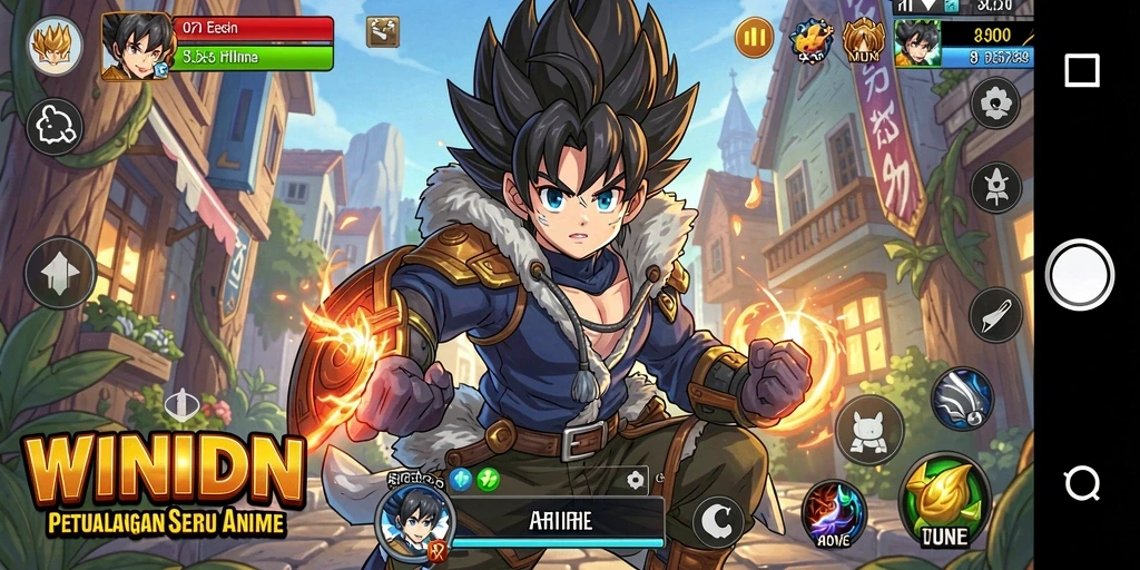 Tangkapan layar gameplay WINIDN dengan aksi seru dan karakter anime.