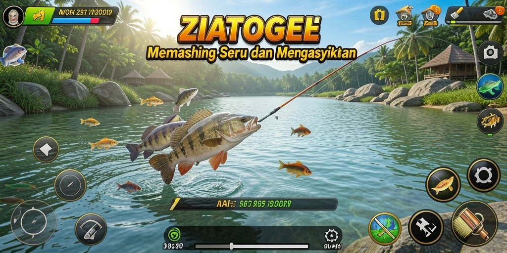 Screenshot gameplay ZIATOGEL saat menangkap ikan besar.